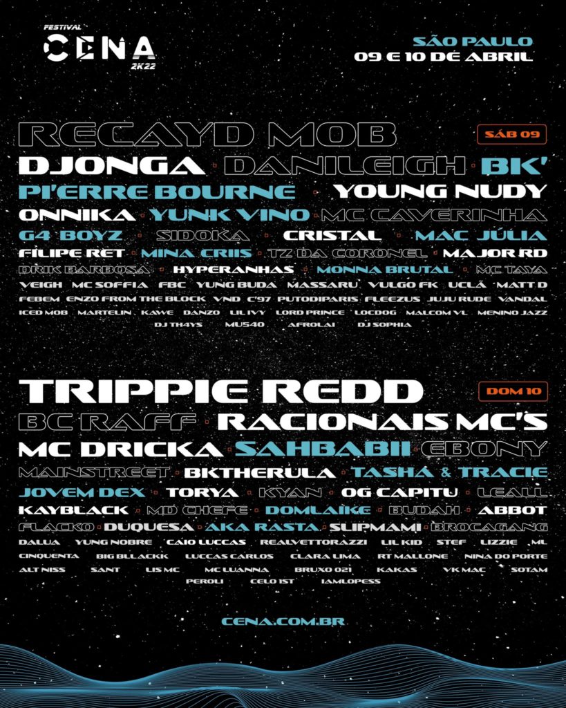 Line-up do festival com os nomes dos artistas separados pelas datas de 09 e 10 de abril de 2022